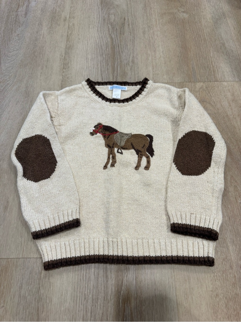 Janie and Jack Cream Knit Sweater with Brown Horse and Elbow Patches